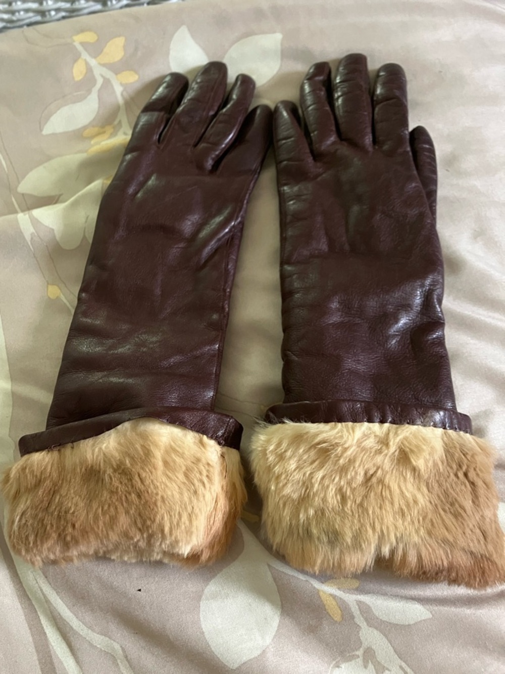 Vintage Women's Long Brown Leather Gloves with fur lining